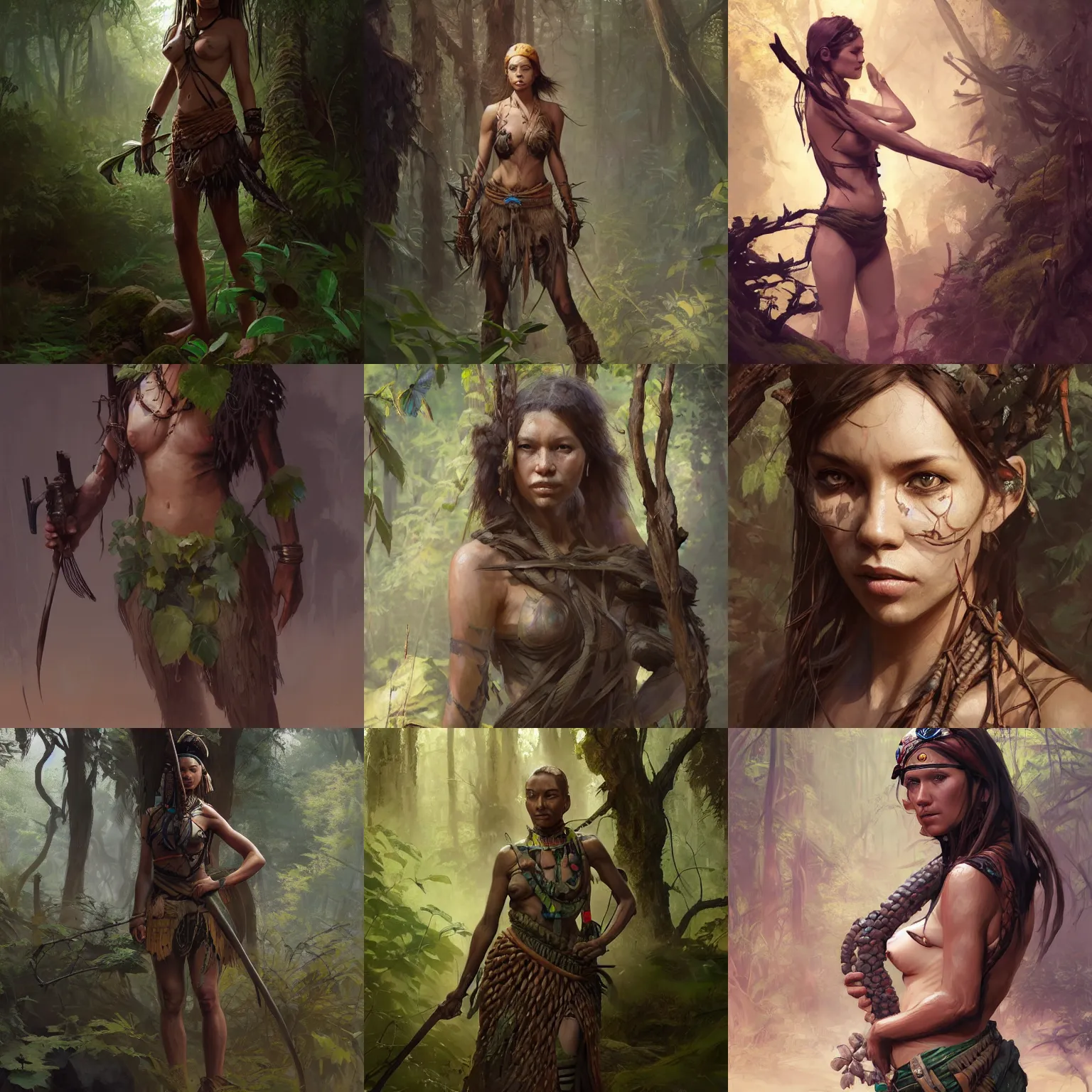 Prompt: Portrait of a tribal hunter, female, standing in a forest, shady, river nearby, rocks, vines. highly detailed, smooth, artstation, digital illustration by Ruan Jia and Mandy Jurgens and Artgerm and Wayne Barlowe and Greg Rutkowski and Frank Frazetta