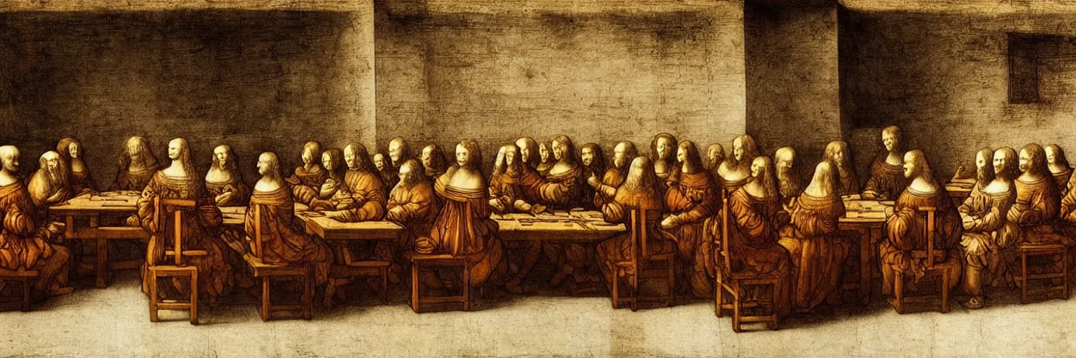 Prompt: a beautiful Leonardo Davinci illustration of a table where smart people sit and listen to a TED lecture