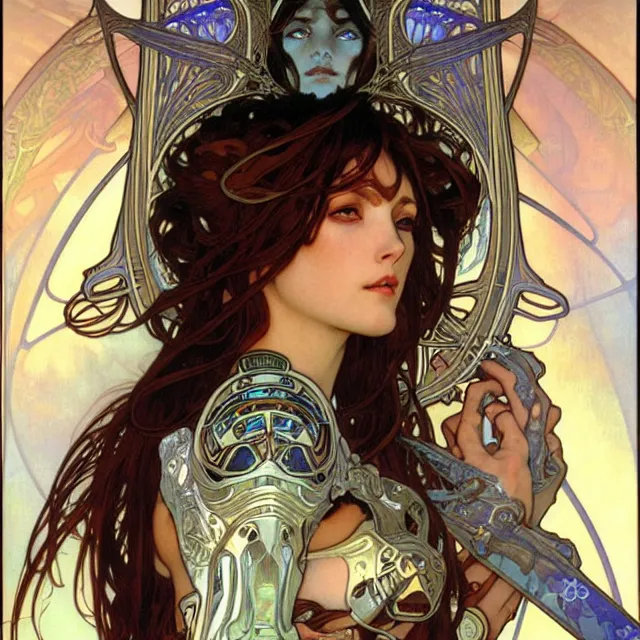 Prompt: realistic detailed face portrait of a beautiful futuristic priestess in alien mythic armor by alphonse mucha, ayami kojima, amano, greg hildebrandt, and mark brooks, female, feminine, art nouveau, aetherpunk, neo - gothic, gothic, character concept design