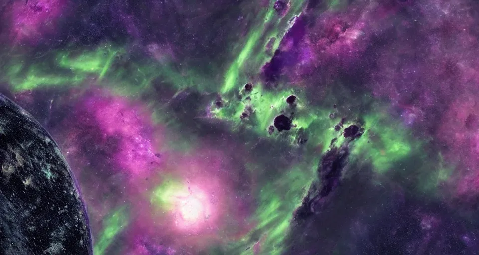Image similar to view of the planet down below. space station pov. screenshot from the new sci - fi film directed by denis villeneuve 4 k. cinema. close orbital of a new alien world nested within an asteroid belt nebula. purple and green lightning aurora upon it's surface.