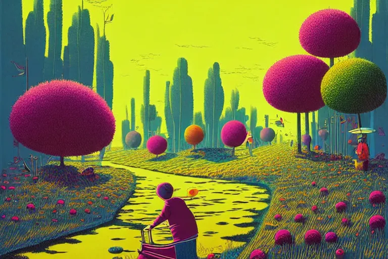 Image similar to midjourney, summer morning, very coherent and colorful high contrast, art by!!!! gediminas pranckevicius!!!!, geof darrow, floralpunk screen printing woodblock, dark shadows, hard lighting, stipple brush technique,