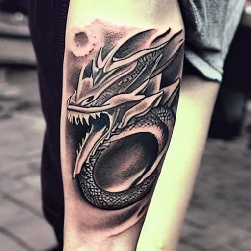 Image similar to Tattoo of a dragon starting from the elbow, wrapping around the wrist in a downward spiral, emerald placed inside of the dragons mouth, forearm tattoo