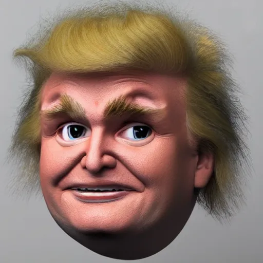 Image similar to fluffy haired donald trump, monster smilling, 3 d.