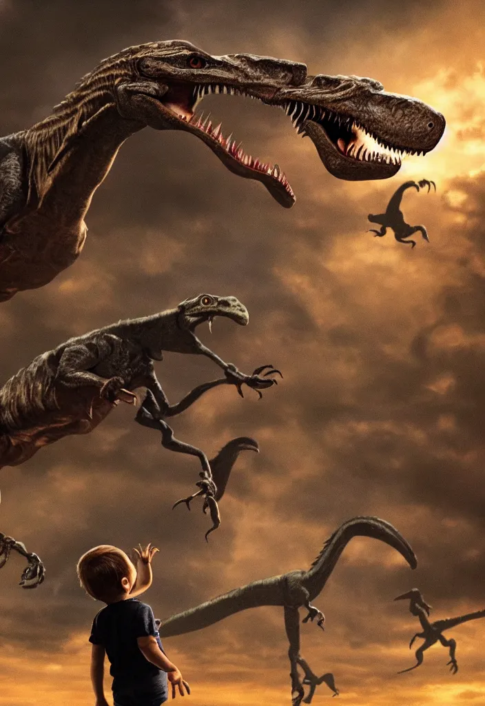 Prompt: a child looking at a velociraptor in the style of a movie poster, realistic, super detailed, cinematographic, epic lighting