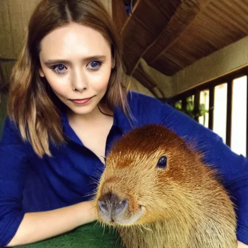 Image similar to photo of elizabeth olsen with a capybara, ultra detailed, photo realistic