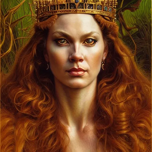 Image similar to highly detailed portrait of a majestic lioness queen in the form of a beautiful woman. d & d. art by donato giancola, brian bolland, ruan jia, alberto vargas. trending on artstation, intricate details, energetic composition, golden ratio, concept art, illustration, elegant art, global illuminaition