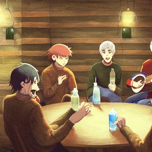 Image similar to five irishmen in aran sweaters singing in a pub, one is playing an acoustic guitar, highly detailed, digital painting, concept art, sharp focus, by makoto shinkai