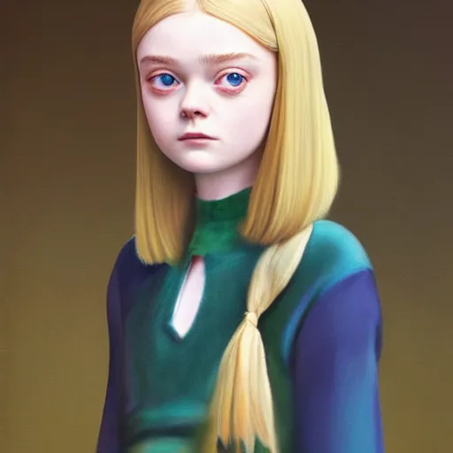 Image similar to a striking hyper real painting of Elle Fanning by Studio Ghibli