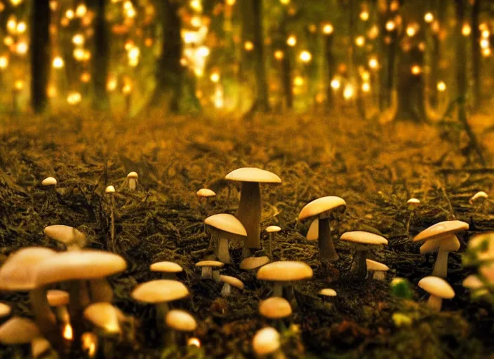 Image similar to a magical forest with delicate mushrooms that glow in the dusk, macro close up, bokeh,