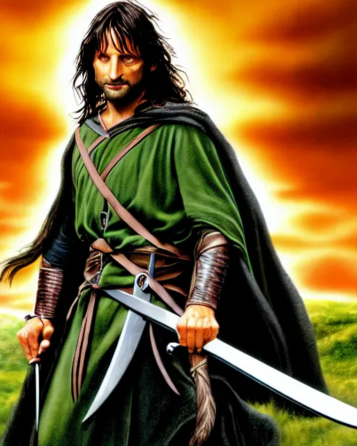 Image similar to Aragorn from Lord of the rings, Cover art by Stephen Bliss, boxart, loading screen, 8K resolution