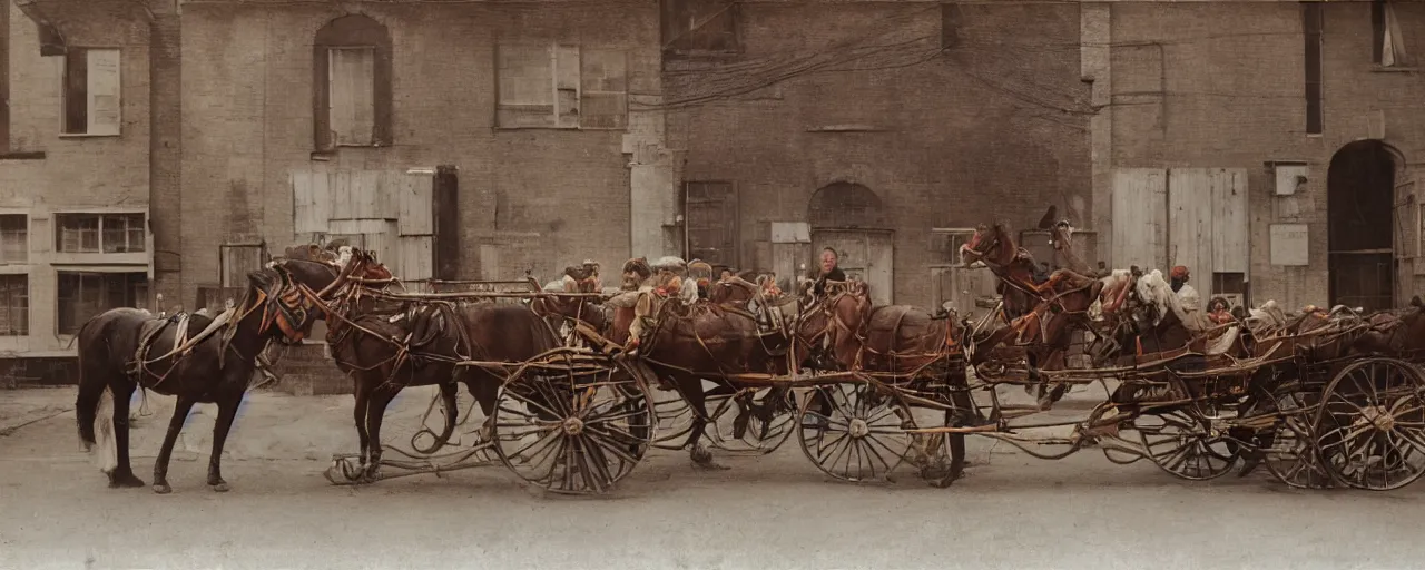 Image similar to 1 8 0 0 s horse drawn carriage carrying spaghetti to a factory building, daguerreotype, ultra - realistic faces, fine detail, anon 5 0 mm, wes anderson, kodachrome, retro