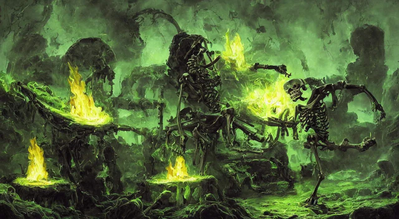 Prompt: A highly detailed oil painting by Greg Rutkowski of a skeleton wearing black robes making a potion in a huge bubbling cauldron glowing bright green, with lots of fire coming from it, highly detailed fantasy concept artwork, very realistic, green and black color scheme.