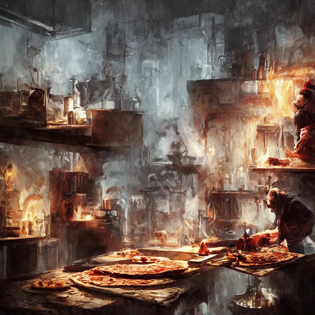 Image similar to a portrait of nick cave baking pizza, eerie colors, dramatic light, gorgeous view, depth, high detail, digital art, painted by greg rutkowski and seb mckinnon, trending on artstation