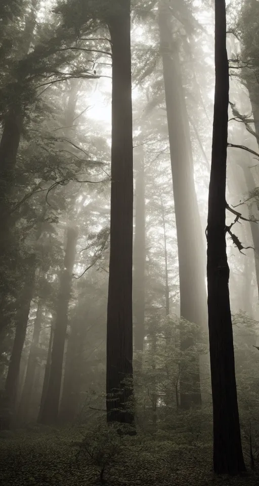 Prompt: a beautiful Manhattan brownstone in the middle of the redwood forest, foggy, magic hour, backlit, beams of light, godrays