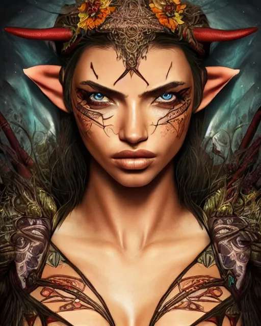 Image similar to close-up face centred portrait Adriana Lima as a female elf, body covered in floral tattoos and elfish runes , open magic book glowing, D&D, fantasy, highly detailed, digital art, fantasy illustration, trending on artstation, smooth, sharp focus, illustration, art by artgem and ROBERT HYNES