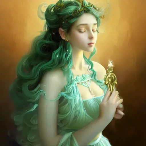 Image similar to Portrait of magical girl, dreamy and ethereal, mint green eyes, peaceful expression, ornate frilly dress, fantasy, intricate, elegant, beautiful, digital art, dynamic lighting, golden ratio, highly detailed, digital painting, trending on artstation, concept art, smooth, sharp focus, illustration, photo realistic, art by artgerm and greg rutkowski and alphonse mucha, 4K