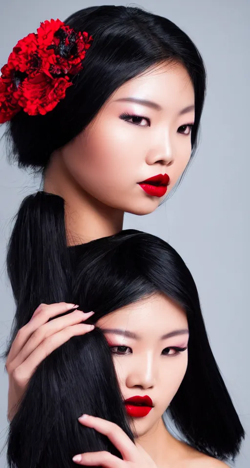 Image similar to close up fashion model portrait asian woman, black and red, elegant