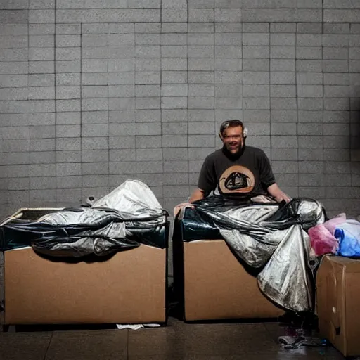 Image similar to a photo portrait of two homeless creating a time machine from aluminium cans and cardboard boxes. symmetry. awesome exposition. very detailed, professional lighting diffracted lightrays, 8 k, sense of awe