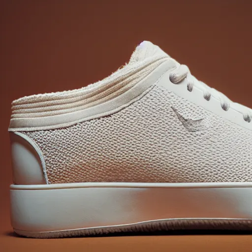 Image similar to a studio photoshoot of Nike low top tennis sneakers designed by Tom Sachs, cream leather with knitted mesh material, gum rubber outsole, realistic, color film photography by Tlyer Mitchell, 35 mm, graflex