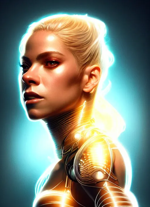 Prompt: portrait of female cyborg, shakira, intricate, elegant, glowing lines of light, highly detailed, digital painting, artstation, glamor pose, concept art, smooth, sharp focus, illustration, epic angle, art by artgerm and greg rutkowski, artey freytag