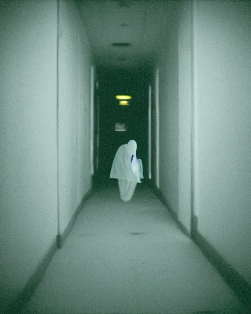 Prompt: an amateur disposable camera picture of a ghost in a hallway