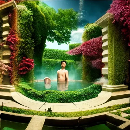 Image similar to hyperrealism photography computer simulation visualisation of parallel universe detailed bath in the detailed garden in dramatic scene from art house futuristic movie by caravaggio and alejandro jodorowsky