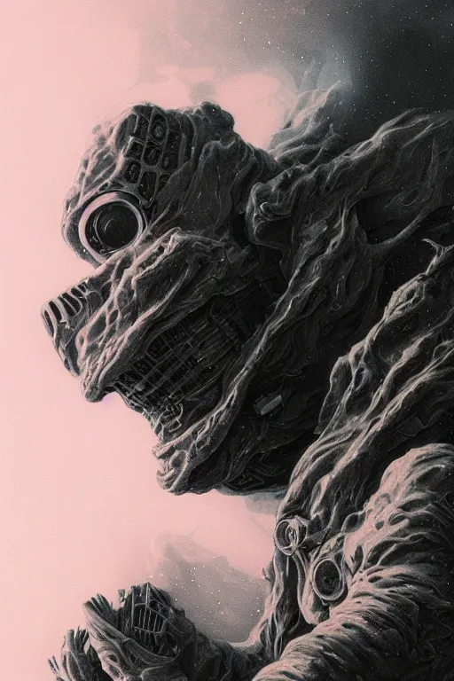 Image similar to close up shot of a full body floating astronaut smoke elemental fading into white smoke, high contrast, james gurney, peter mohrbacher, mike mignola, black paper, mandelbulb fractal, trending on artstation, exquisite detail perfect, large brush strokes, bold blacks and pinks and blues tones, intricate ink illustration, black background