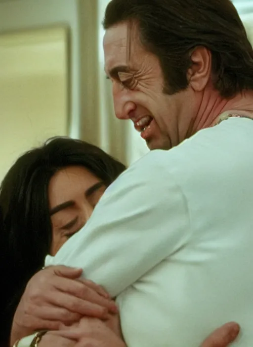 Prompt: film still of Al Pacino hugging kim kardashian in an episode of The Sopranos, 4k