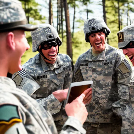 Image similar to a group of fox animals dressed in modern american military soldier uniforms, laughing at a computer, 8 5 mm f / 1. 4