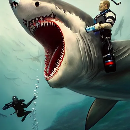 Prompt: a dream fantasy painting of ( white shark with blood teeth ) hunting a scuba diver, in the deep, trending on artstation, deviantart, matte painting by greg rutkowski, holly bruce, jon kuo