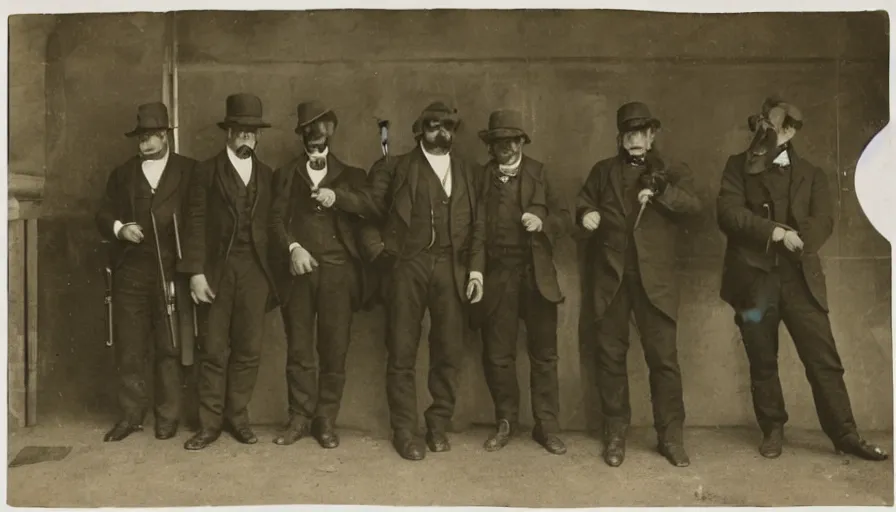 Prompt: photo of group 19th century gangsters with guns by Diane Arbus and Louis Daguerre