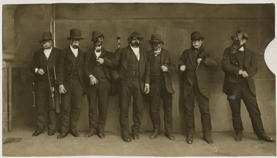 Image similar to photo of group 19th century gangsters with guns by Diane Arbus and Louis Daguerre