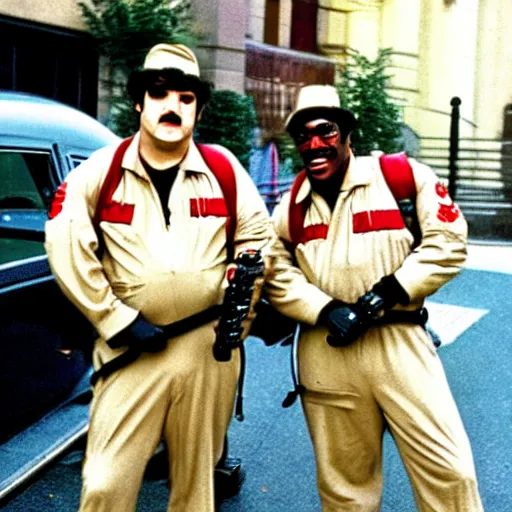 Image similar to photoshoot of john belushi and eddie murphy as ghostbusters, in the style of annie leibovitz - h 6 4 0