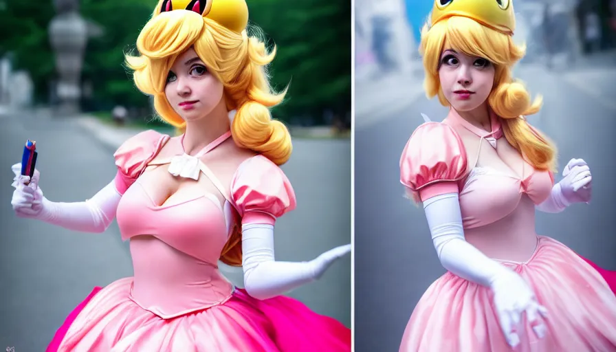 Prompt: amazing cosplay of princess peach from mario, symmetrical, cinematic, real photography, elegant, 4 k, ultra hd, cosplay journal cover