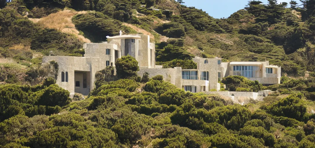 Image similar to castle designed by renzo piano overlooking big sur. landscape design by gertrude jekyll.