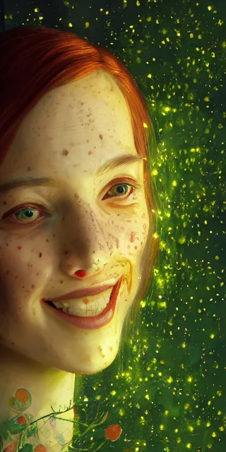 Image similar to a totally amazed smiling young woman surrounded by golden firefly lights in a mesmerizing scene, sitting amidst nature fully covered! intricate detailed dress, long loose red hair, precise linework, accurate green eyes, small nose with freckles, beautiful smooth oval head, expressive emotions, hyper realistic ultrafine portrait by artemisia gentileschi, jessica rossier, boris vallejo