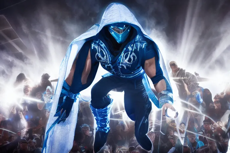 Prompt: subzero from mortal kombat jump kicking across the stage at a flashy, fancy, scientology gathering, movie still, 8 k