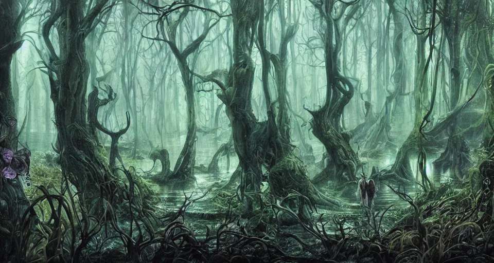 Image similar to A dense and dark enchanted forest with a swamp, by Karol Bak, by Gainax Co,