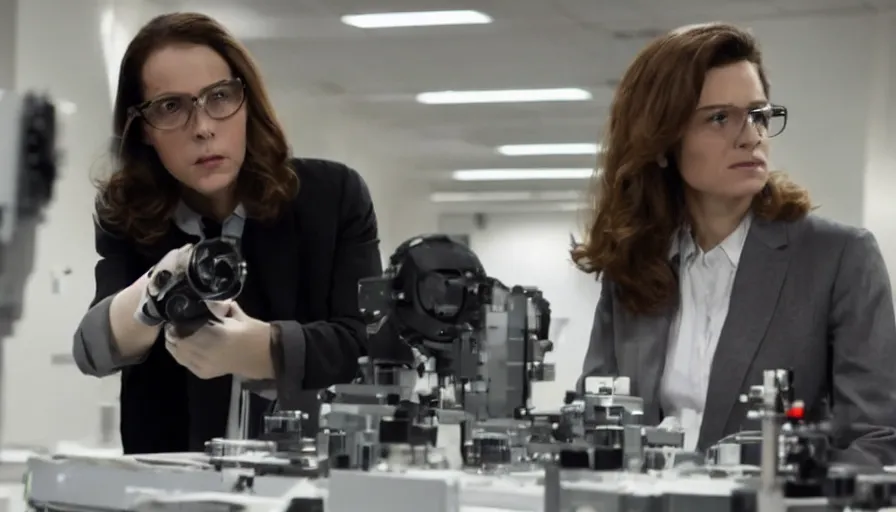 Image similar to big budget action movie about female scientist confronts male ceo about robot photographs