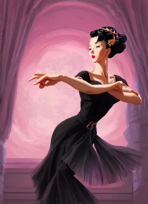 Image similar to a beautiful dancer with black hair in 1940's fashion, ballroom background, intricate, highly detailed, digital painting, artstation, official media, anime key visual, concept art, rich vivid colors, ambient lighting, sharp focus, illustration, art by Artgerm, Makoto Shinkai, Ilya Kuvshinov, Lois Van Baarle, and Rossdraws