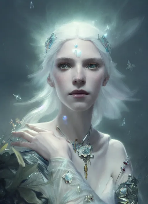 Prompt: a beautiful white haired princess, adorned with precious stone jewelry, intricate concept art, ethereal, ominous, dark fantasy, misty, dramatic lighting, dark background, octane render, 8 k, ruan jia and tom bagshaw and alphonse mucha and marc simonetti