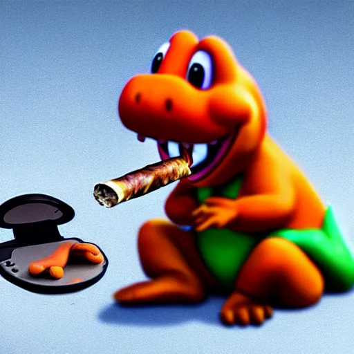 Prompt: realistic lifelike yoshi from nintendo licking his own toes while smoking a blunt 4 k ultrarealistic