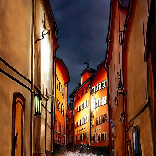 Prompt: stockholm gamla stan, in the style of anime