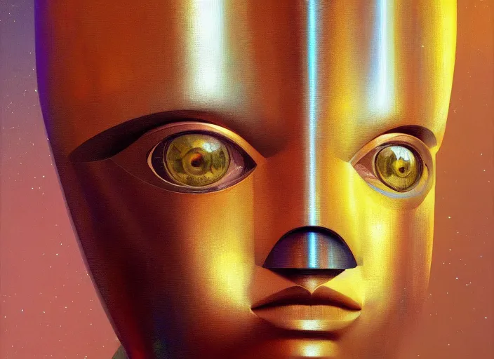 Image similar to a portrait headshot of sci fi metallic human, bright eyes, melancholic complex geometric figure liminal machinery by oskar schlemmer, moebius, john berkey, film grain, oil on canvas, portrait facial head, featured on artstation, hd wallpaper, 8 k, bright colors, global lighting, radiant light