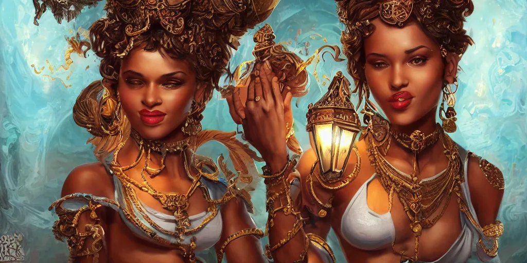 Image similar to a young female brown skinned short brown haired genie, emerging from her lamp, abs, confident, insanely detailed and intricate, hypermaximalist, elegant, ornate, hyper realistic, super detailed, Art Deco, cinematic, trending on artstation, magic the gathering artwork, centered