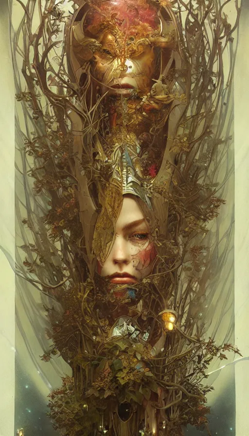 Prompt: spaceship concept art, lush forest, magic, gnarly details, gold, gems, dramatic lighting, denoised, painted by tom bagshaw, alphonse mucha