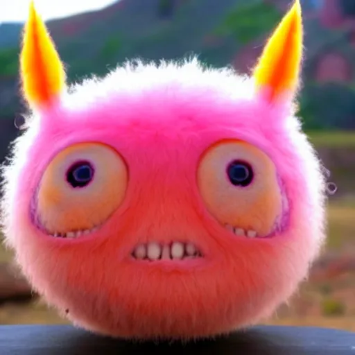 Image similar to an alien with a face that looks like a fuzzy peach the peach is fuzzy pink warm and ripe the alien has horns and a mean smile, 4k, highly detailed, high quality, amazing, high particle effects, glowing, majestic, soft lighting