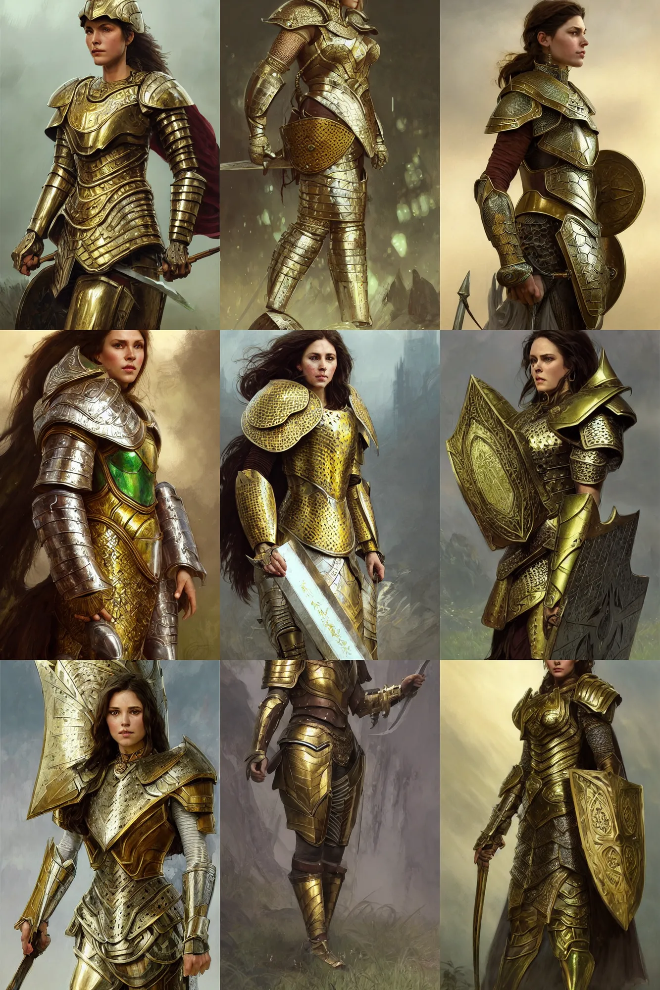 Prompt: full body portrait of a female warrior medium length brown hair and a very highly detailed face wearing elegant golden plate mail armor intricately painted with green and white accents, holding a rectangular tower shield, very highly detailed, artstation, cgsociety, realistic character concept art, sharp focus, by greg rutkowski, wlop, and alphonse mucha