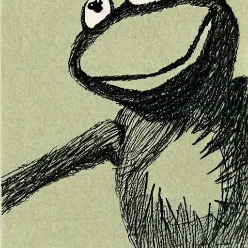 Prompt: drawing of kermit the frog, manga, by asano inio