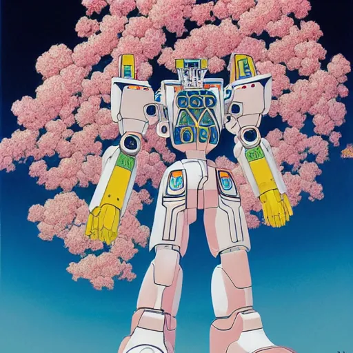 Image similar to a beautiful painting of a large humanoid mecha shrouded by mystic nebula magic in a field of flowers by hiroshi nagai and hirohiko araki, detailed line art